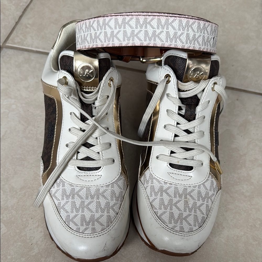 Michael Kors White and Gold Logo Sneakers with Belt